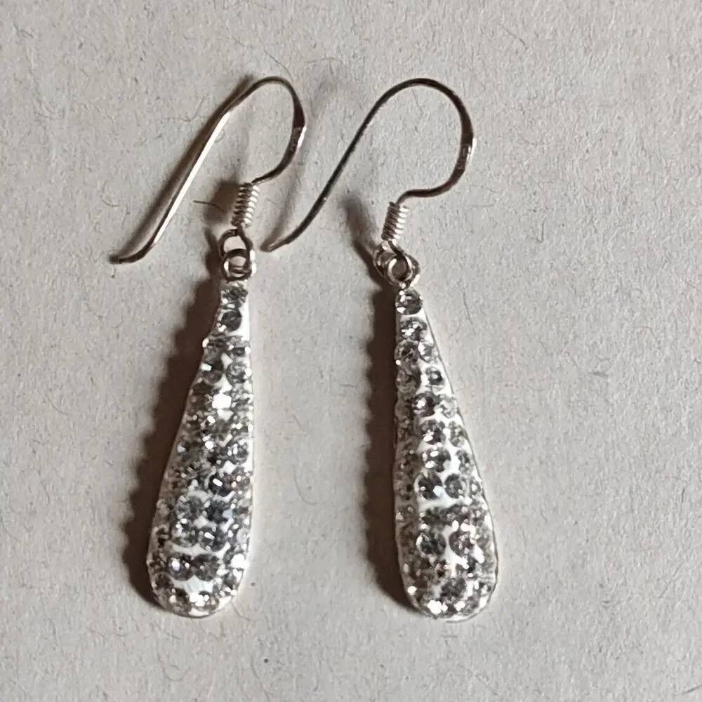 VTG Earrings‎ Sterling Silver 925 Crystal Inset Dangle Drop Hook Teardrop